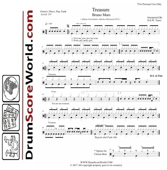 Bruno Mars - Treasure - Drum Sheet + Play-Along